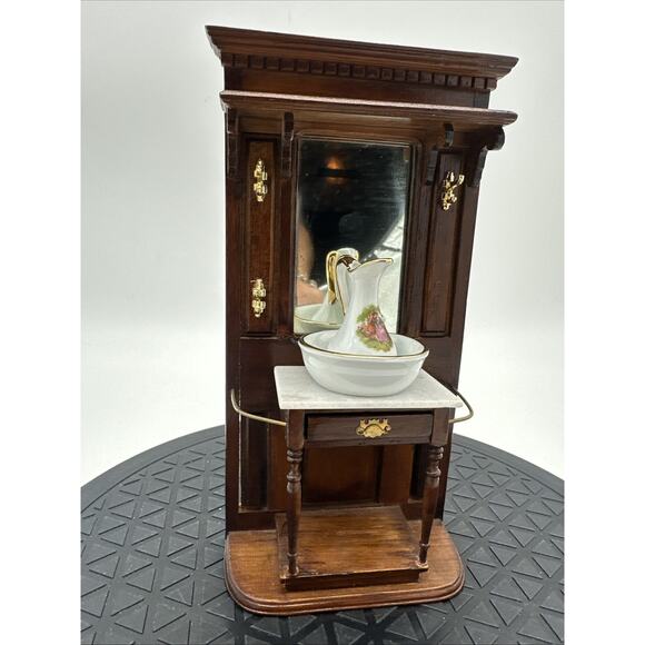 Vtg Wood Miniature Dollhouse Wash Stand Faux Marble Table Top Limoges
